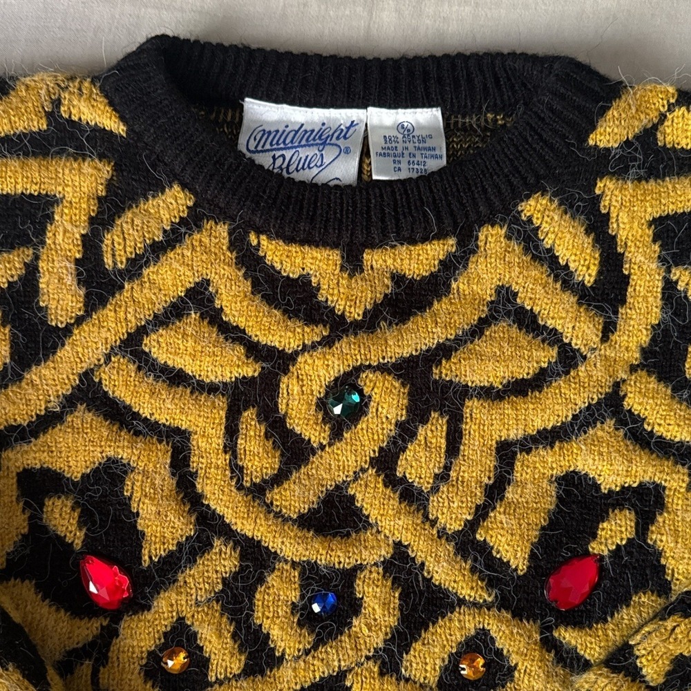 80's/90's Vintage Midnight Blues Womens‎ Embellished Small Sweater Jewel Fuzzy - Picture 7 of 12